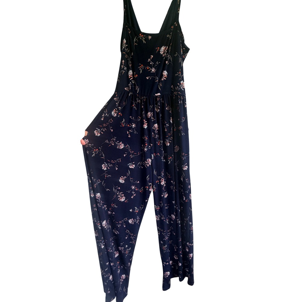 Kaileigh Floral Surplice Jumpsuit Womens XL Navy Blue‎ Stretch Flowy Cottagecore - Picture 5 of 9
